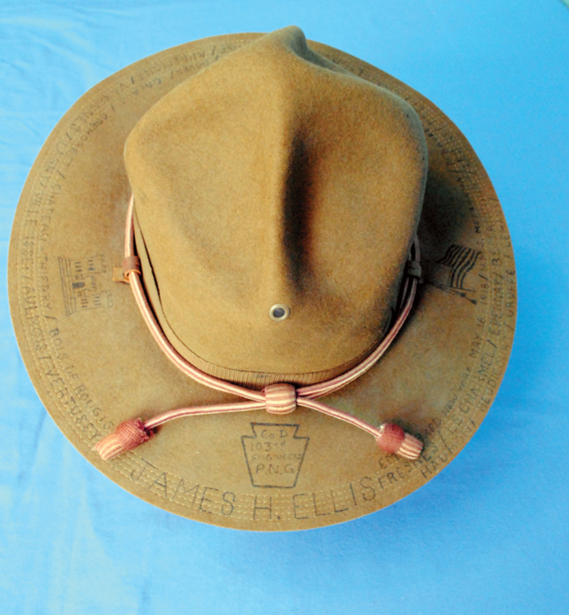  Nothing is more iconic to the training camp period than the standard M-1911 campaign hat. This Pennsylvania National Guardsman managed to hang onto his hat and used it as a diary from training at Camp Hancock in Augusta, Georgia, through to the end of the war.