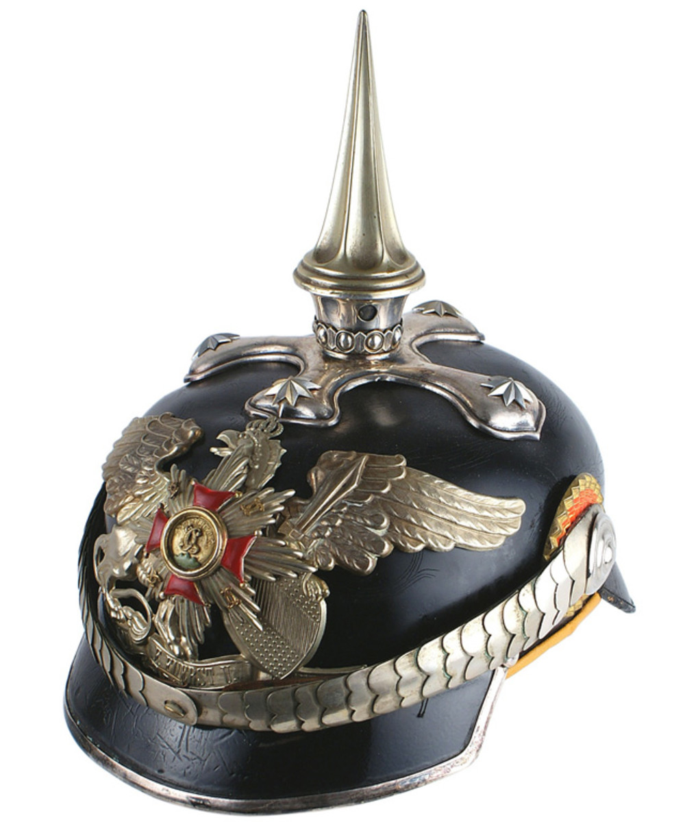 World War I-era Imperial German Baden Flugeladjutant helmet with solid smooth finish black leather body (minimum bid: $6,500).