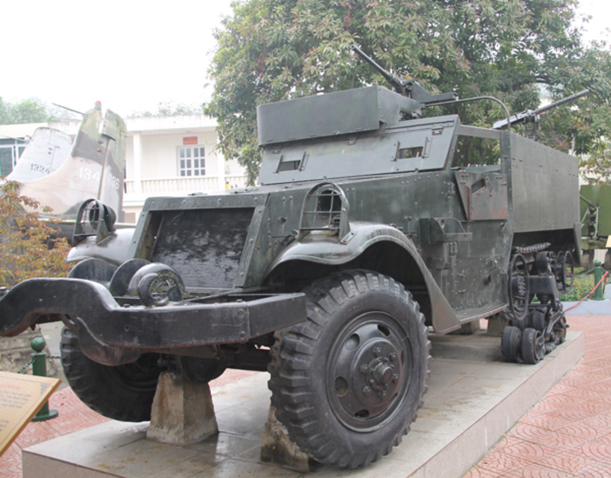 This former American WWII M3A1 half track on display in Hanoi, was provided as military support to the French Army fighting the French Colonial war in Vietnam from 1946 through 1954. The display placard confirms that this Halftrack was stopped, damaged and captured in ambush action by Viet Minh regiment 96 at the Dak Po bridge near An Khe in Gia Lai province. Photo by Jeff Rowsam
