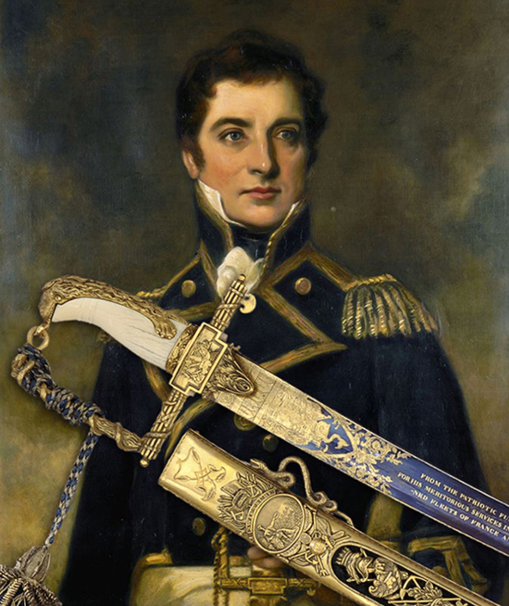 Cased 100 Guinea Lloyd’s Patriotic Presentation Sword for a hero of the Battle of Trafalgar, Capt. William G. Rutherford.
