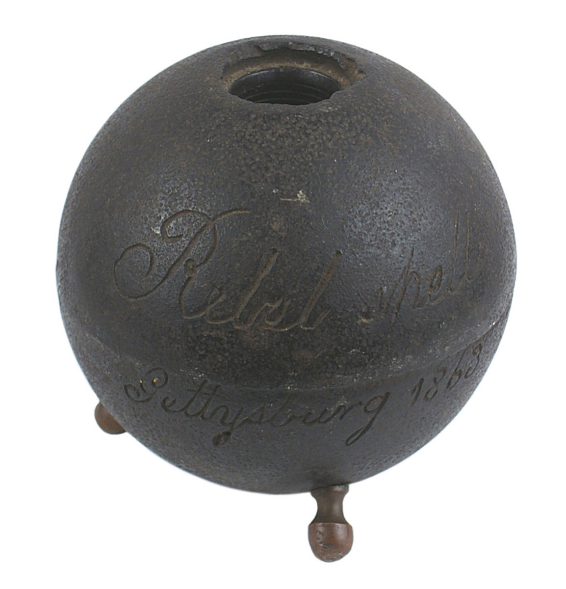 Confederate cannonball from the Battle of Gettysburg (1863), mounted on three brass leg finials ($5,850).