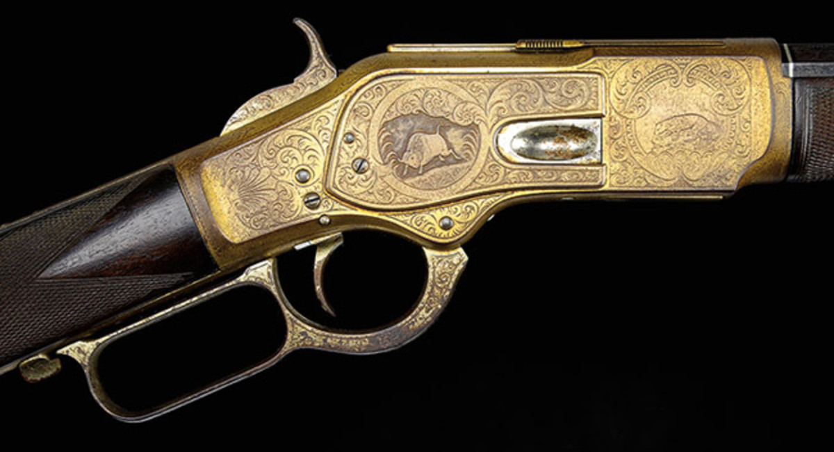 John Ulrich Engraved Gold and Nickel Finish Winchester Model 1873 1 of 1000 of Argentine Businessman Don Eduardo Casey