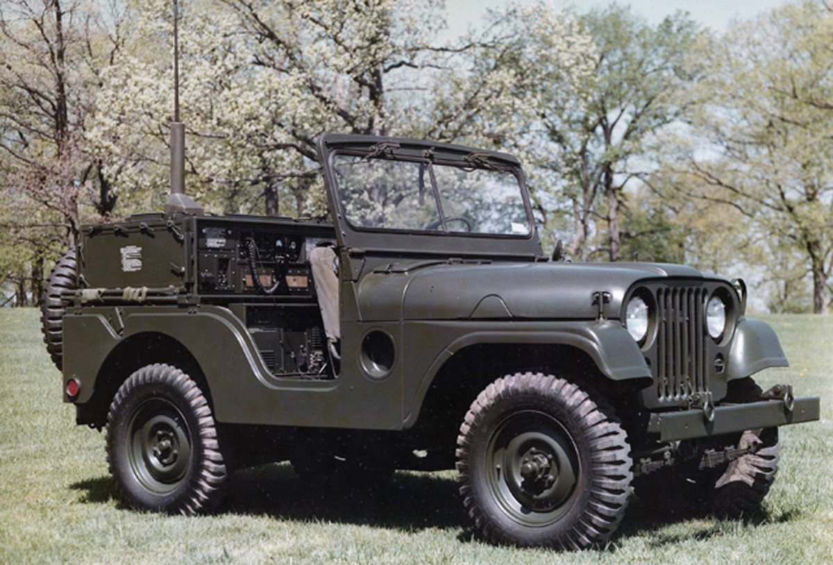Publicity photo of a complete MRC-83 radio set, a TRC-75 installed in an M38A1 jeep. Visible underneath the radio is the power supply box carrying the PP-2352 inverter - the inverter runs off 28VDC and makes 115 VAC 400~ 3 phase power for the radio. On the front of the power supply box are controls for the inverter and also a rudimentary selftest setup for the inverter with lamps to give a go-nogo indication as to the health of each chopper transistor in the inverter. The MRC-83 first saw the light of day around 1960 - in those days it was quite a feat to put a 1kW automatically-tuned HF radio in a vehicle. I saw over 2000 TRC-75 radio sets come up for disposal at DRMO Barstow in the early 1990s, and I guess that most of those radios were installed in M38A1 jeeps just like this one - the 1960s was an excellent time to own stock in the Collins Radio Corporation.