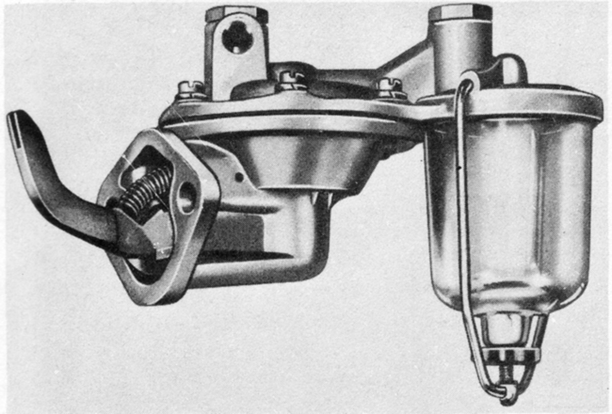  Typical single-acting fuel pump with glass bowl as used on many WWII-era HMVs. Most such pumps have filters in the bowl. When encountering fuel system problems, check for water in the bowl and/or a filter element clogged with rust flakes or other debris.
