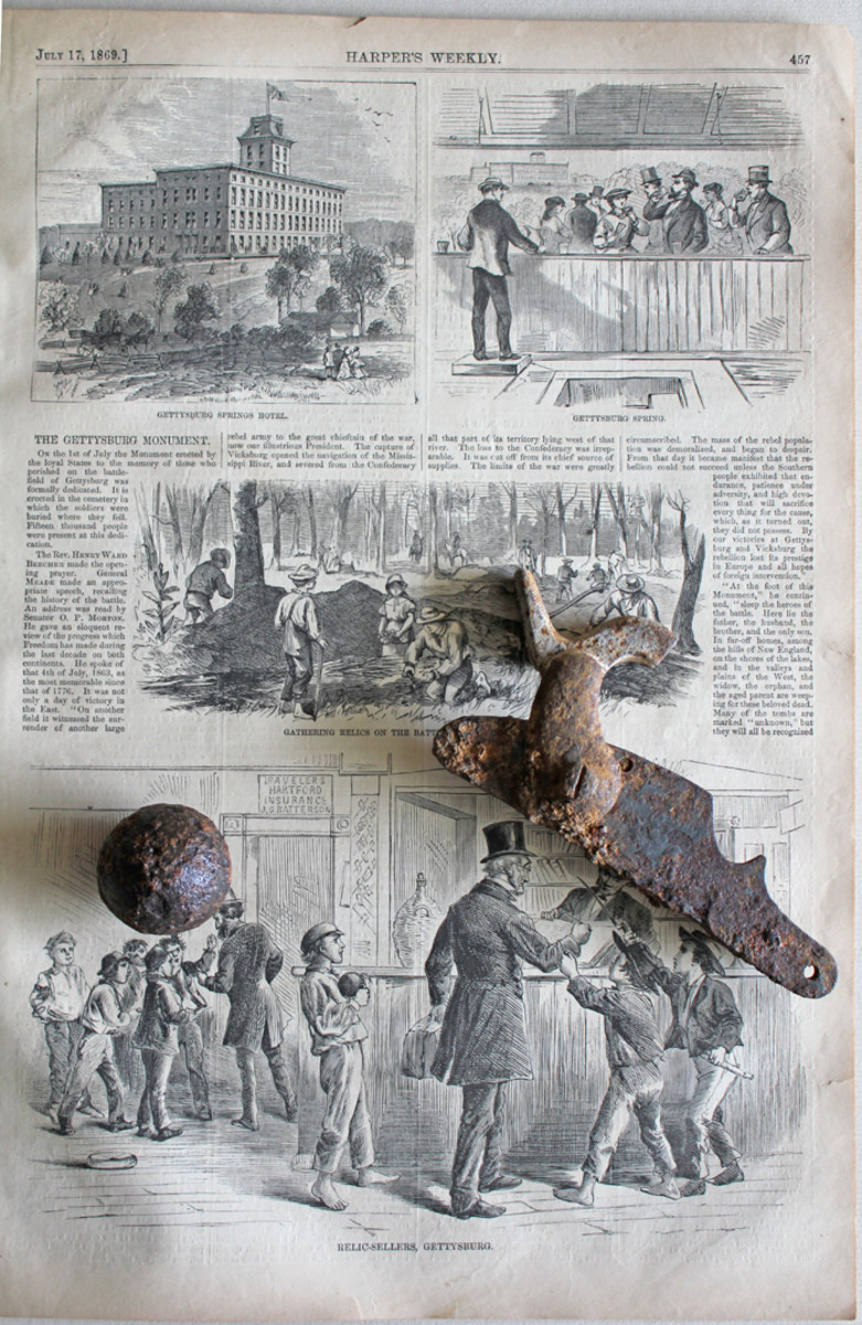 Original July 17, 1869 Harpers Weekly featuring a story on Gettysburg “relic sellers” hounding guests at a battlefield hotel. Pictured are a Springfield lockplate recovered from the battlefield in the 1960s and a small grapeshot found on the Daniel Lady Farm. (Author’s Collection)