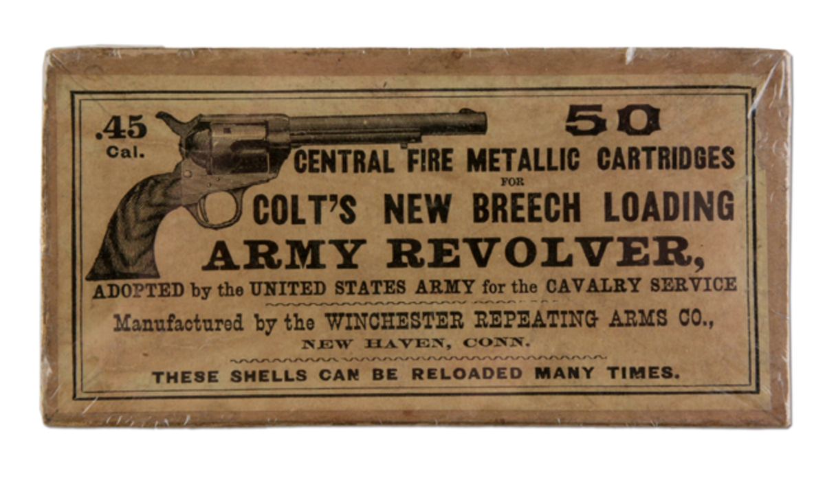  Winchester picture box holding .45-caliber center-fire metallic cartridges for Colt 1873 single-action Army Revolver, $9,600