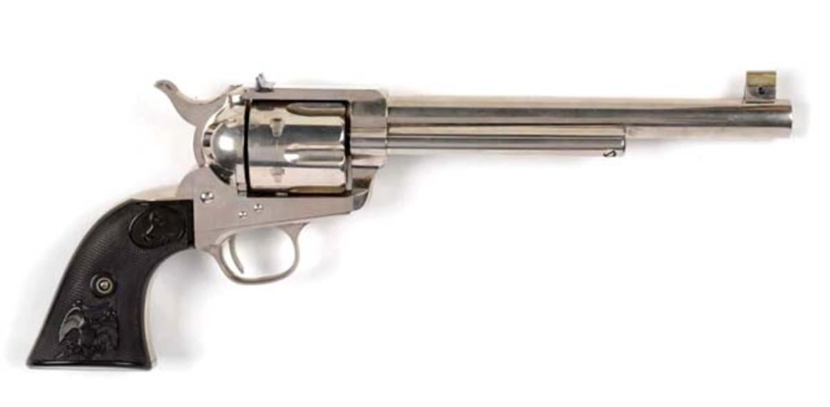 Colt single-action Army flat-top nickel .32 target handgun, originally shipped in 1889, estimate $15,000-$20,000. Morphy Auctions image