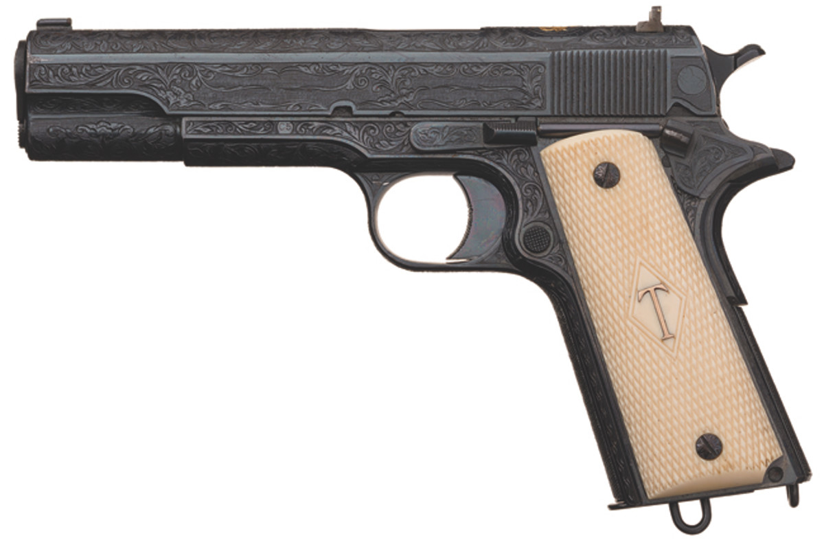  (From our Winter 2018 auction) Iconic Presentation Special Factory Order William Gough Master Exhibition Engraved and Gold Inlaid Colt Government Model Semi-Automatic Pistol Single Digit Serial Number C5 Presented by Colt Agent Albert Foster, Jr. to His Attorney, James Bowen Sold $241,500