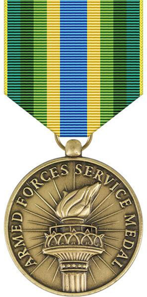 The Armed Forces Service Medal has a green, blue and yellow ribbon and a bronze medal featuring a torch like that held by the Statue of Liberty. U.S. Air Force graphic by Staff Sgt. Alexx Pons