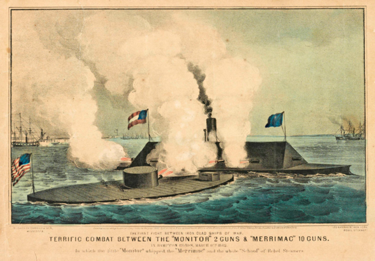 No photographs were taken of the battle between the USS Monitor and the CSS Virginia, though many artists later created images of the scene. A Currier and Ives print depicting the USS Monitor battling the CSS Virginia (which was identified by its previous name, the Merrimac in the print’s caption). Library of Congress