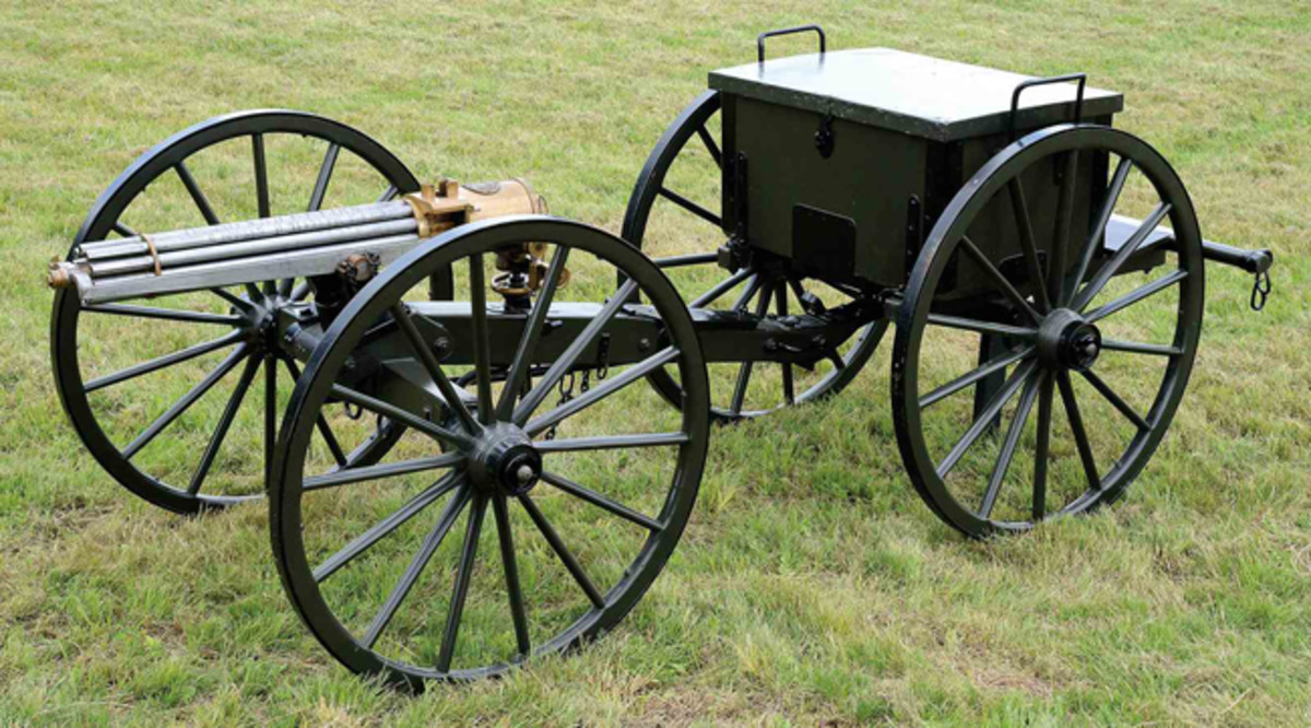 Lot #3250, Rare and outstanding Colt Model 1875 Gatling gun on Carriage with Limber. Presale estimate $200,000-300,000.