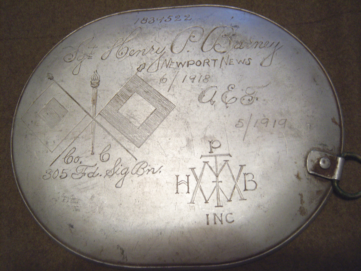  The mess kit belonging to Sgt. Henry P. Barney, a Signal Corps NCO assigned to the 305th Signal Battalion, 80th Division. Barney, from Hampton, Virginia, deployed out of Newport News in June 1918, and returned May 1919.