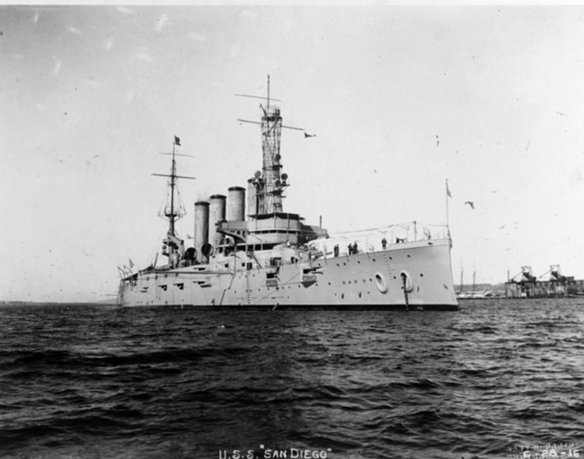  USS San Diego (Armored Cruiser No. 6) photographed Jan. 28, 1915, while serving as flagship of the Pacific Fleet. U.S. Navy Photo courtesy of Naval History and Heritage Command.