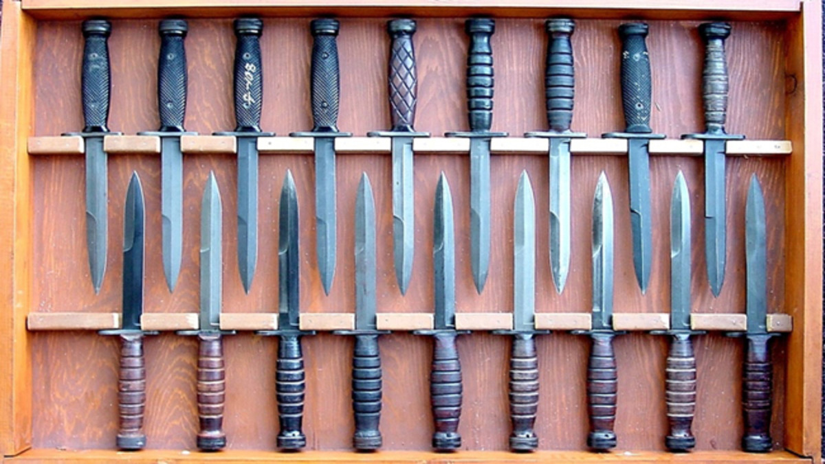 Most of Gary’s bayonets are housed in a 10-drawer cabinet. This drawer of M4 bayonets shows the basic setup. The wood has been sealed with clear, satin varnish to prevent moisture.