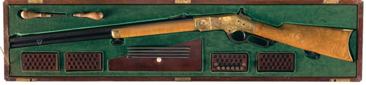 Stunning, Documented Factory Panel Scene Engraved, Gold Plated, Maple Stocked and Cased Winchester Deluxe Model 1866 Factory "On The Rocky Mountains" Display Lever Action Rifle