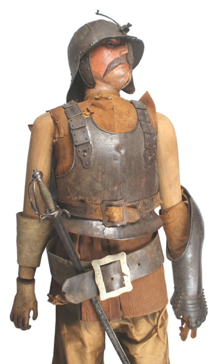 Early 17th century set of armor, probably American Colonial, featuring a Cromwellian “lobster”-style helmet and Curaissier-style waist-length chest and back armor.