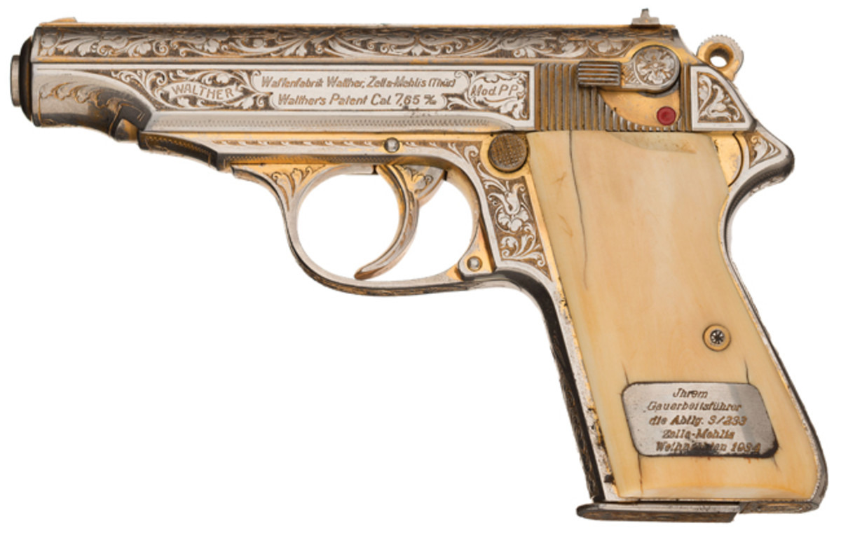 Engraved Walther PP Gold Plated Nazi Presentation Semi Automatic Pistol with Leather Holster and Spare Magazine