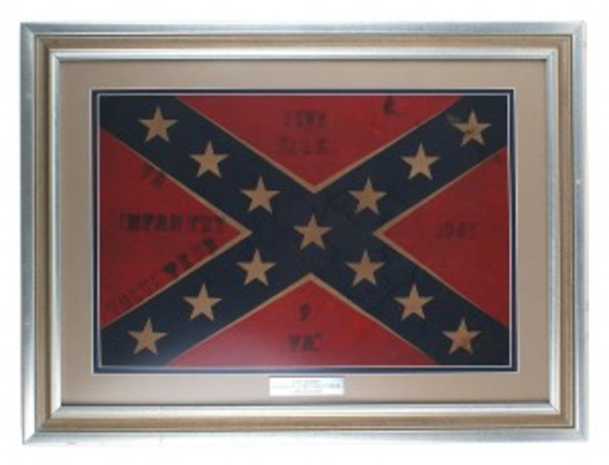 Civil War lots included a Confederate veterans silk reunion flag with the “stars and bars” printed on a red field and “Five Forks Infantry Volunteer 9 VA 1865” printed on the back, matted and in an antiqued silver wood frame ($732); 