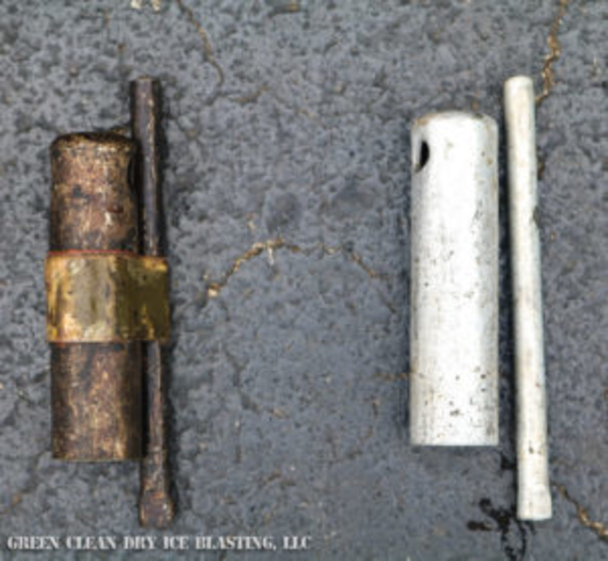  This shows a WWII US Army Jeep spark plug wrench that was originally treated with cosmoline to keep it free of rust until needed by the vehicle operator or mechanic. After a few seconds of blasting with dry ice, the wrench was completely clean with no damage to the original surface.