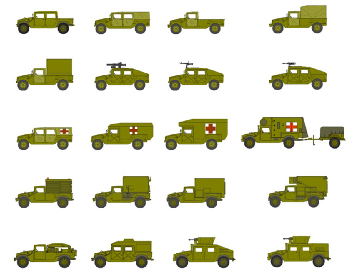 here are more than twenty variants of HMMWVs presently in service with the U.S. Military, including cargo/troop carriers, automatic weapons platforms, ambulances, M220 TOW missile carriers, M119 howitzer prime movers, M1097 Avenger Pedestal Mounted Stinger platforms, MRQ-12 direct air support vehicles, S250 shelter carriers, and many others.