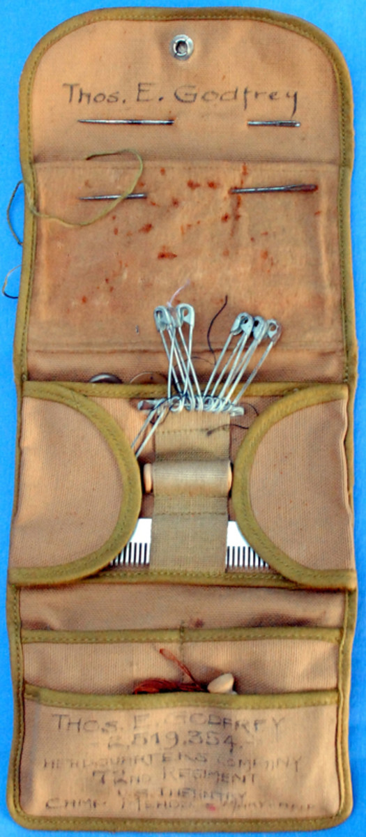  A nice example of a soldier’s sewing kit for a Doughboy assigned to the 72nd Infantry Regiment undergoing training at Camp Meade, Maryland. The 72nd was organized in September 1918 and assigned to the 11th Division.