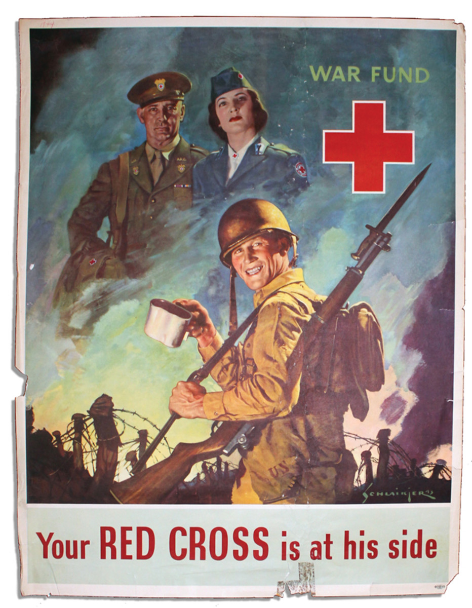  The American Red Cross actually began its aid work before the United States entered into WWII. At the request of the U.S. government, the Red Cross set up a Blood Donor Service for the armed forces. By the end of the War, more than 40,000 employees of the Red Cross directed the efforts of 7.5 million civilian volunteers, serving the Armed Forces both overseas and at home. 1945 Red Cross poster by Jes Schlaikjer
