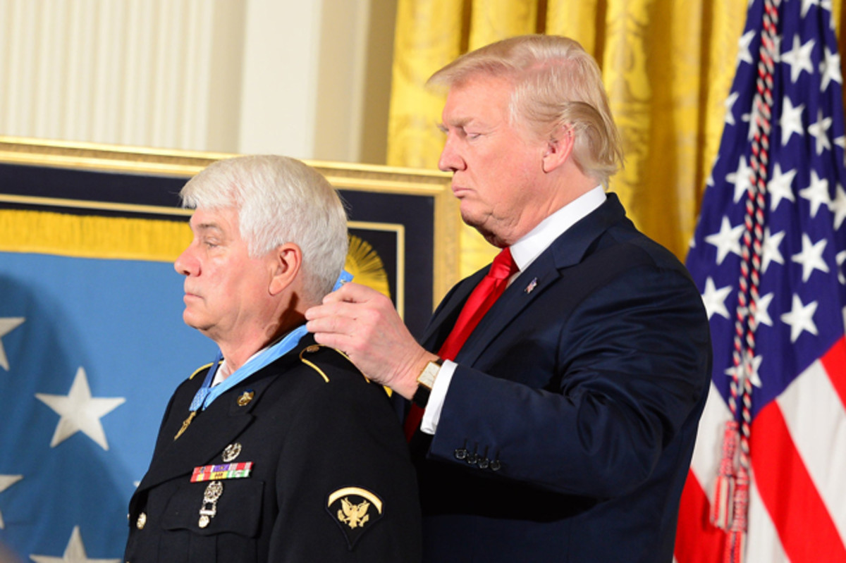  President Donald J. Trump hosts the Medal of Honor ceremony for former U.S. Army Spc. 5 James C McCloughan at the Whitel House in Washington, D.C., July 31, 2017. McCloughan was awarded the Medal of Honor for distinguished actions as a combat medic assigned to Company C, 3rd Battlalion, 21st Infantry Regiment, 196th Infantry Brigade, Americal Division, during the Vietnam War near Don Que, Vietnam, from May 13-15, 1969. (U.S. Army photo by Eboni Everson-Myart)