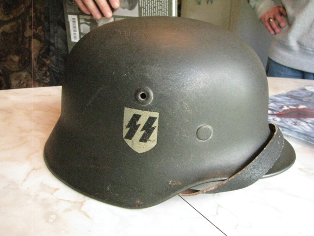  The Waffen SS helmet bore a double rune shield on the right side. Mark Pulaski collection