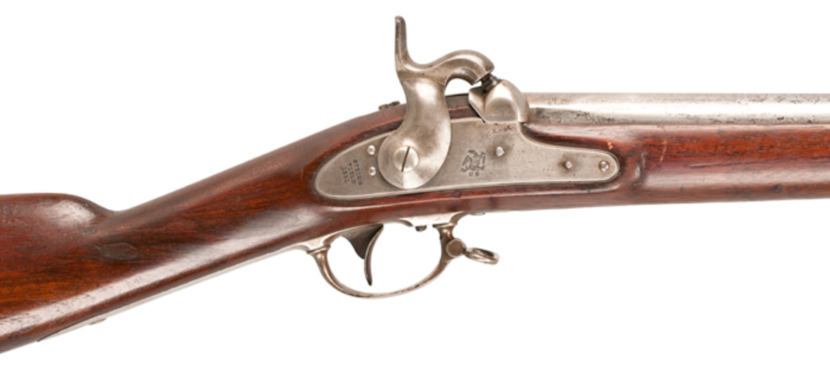  The highly sought-after Model 1851 US percussion Cadet Musket, the type used by cadets from the Virginia Military Institute in their action against Union troops at the Battle of New Market during the Civil War, is included in the December 15 auction. The lock on the weapon is marked “SPRING/FIELD/1851" with an American eagle over the letters “US.” The historic weapon is in fine condition.