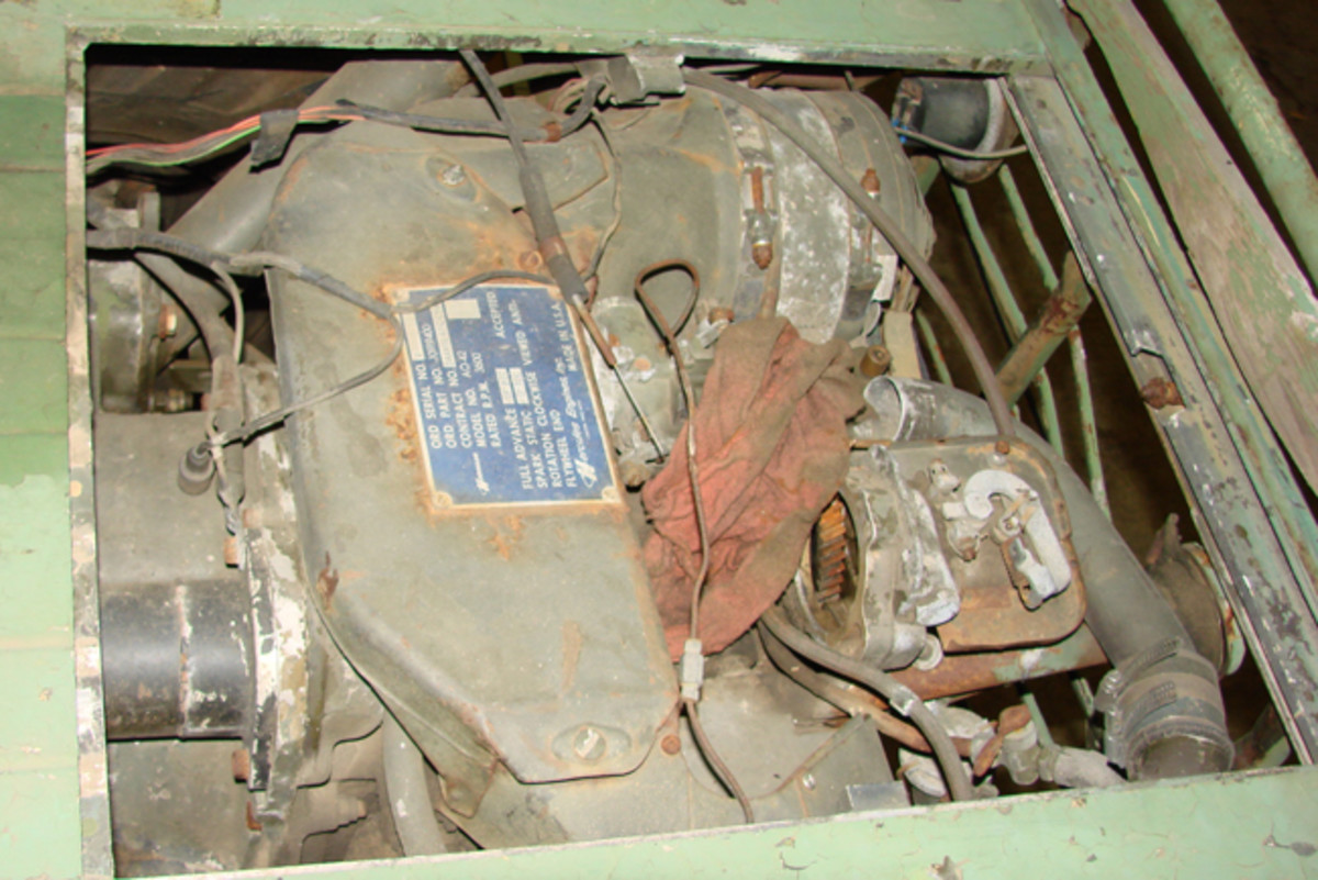A close up of the engine reveals the original Prescolite starter installed on the TOW Mules. An NOS Mule crate motor replaced this motor. The original motor was later rebuilt and retained as a future replacement motor.