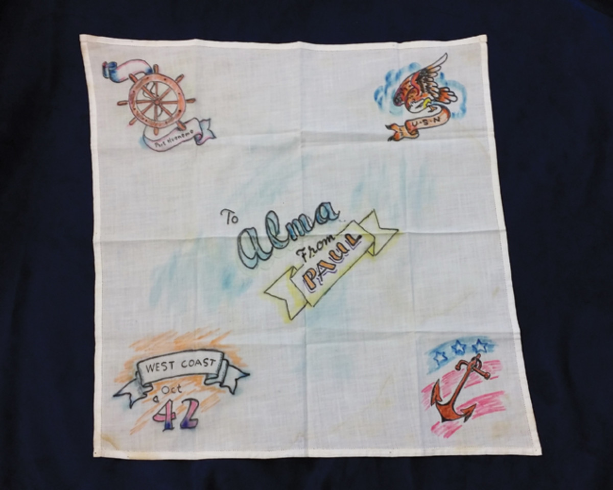  A Seabee leaving for the Pacific Theatre from Port Hueneme, California, made this Sweetheart Handkerchief in October 1942, for his girlfriend, Alma. She kept it until her death in 2013. US Navy Seabee Museum, Port Hueneme, Calif., Naval History and Heritage Command
