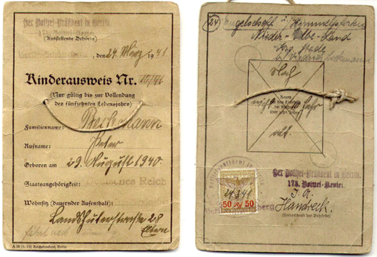 (LEFT) KLV Kinderausweis - Obverse. This document, printed in June of 1932 by the Reich Printing Office in Berlin, lists the child’s destination and travel route at the bottom. (RIGHT) KLV Kinderausweis – Reverse. A photograph was required for children over 10. The area where it as to be attached on this document has been crossed out. A handwritten entry notes the child was not 10 years old. 