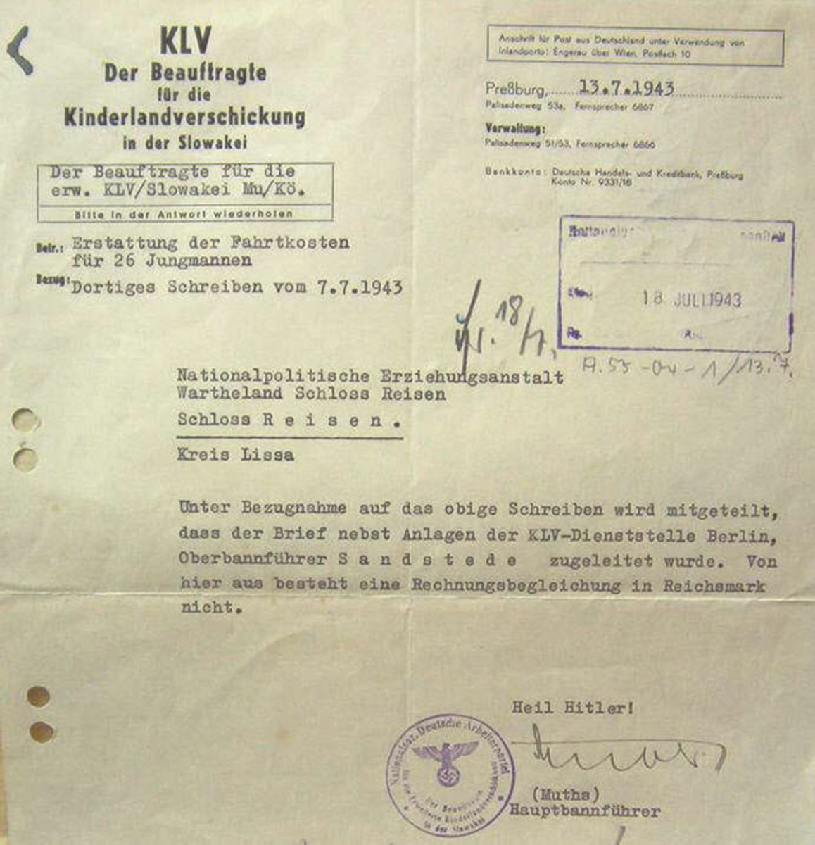 A letter from Hitler Youth Hauptbahnführer Muths, the KLV representative in Slovakia, to the National Political Educational Institute (NAPOLA) at Castle Reisen in the district of Lissa in Gau Wartheland in which he repsonds to a letter from the NAPOLA requesting reimbursement for travel costs for twenty-six youths. The Hauptbannführer indicated he had no way of determining the travel costs in Reichsmarks, and so has sent the NAPOLA’s request to Oberbannführer Sandstede, a Hitler Youth official at the KLV office in Berlin. What ties this letter into the KLV’s evacuation program rather than its recreational program is the abbreviation “erw.” in the box at the upper left hand corner of the letter. This stands for “Erweiterter” (expanded). A copy of this letter was also sent to Der Beaugtragte für die erw. KLV/Slowakei Mu/Kö. (The representative of the Expanded KLV in Slovakia.). This letter confirms the Hitler Youth’s participation in both the recreational KLV program and the Expanded KLV evacuation program.