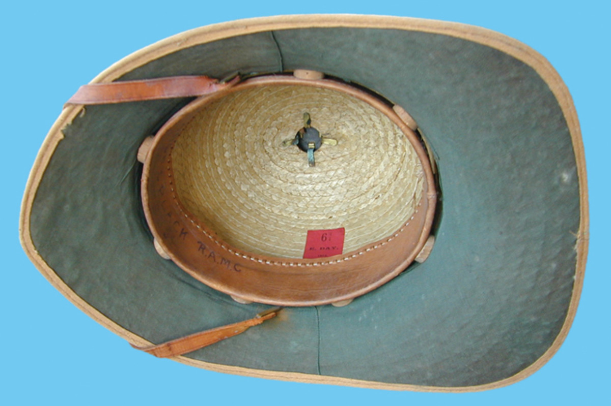  The interior of an extremely rare World War I era Wolseley helmet. Due to shortages of cork, English hatters resorted to utilizing straw. It was a timely process and similar efforts were not repeated in World War II.