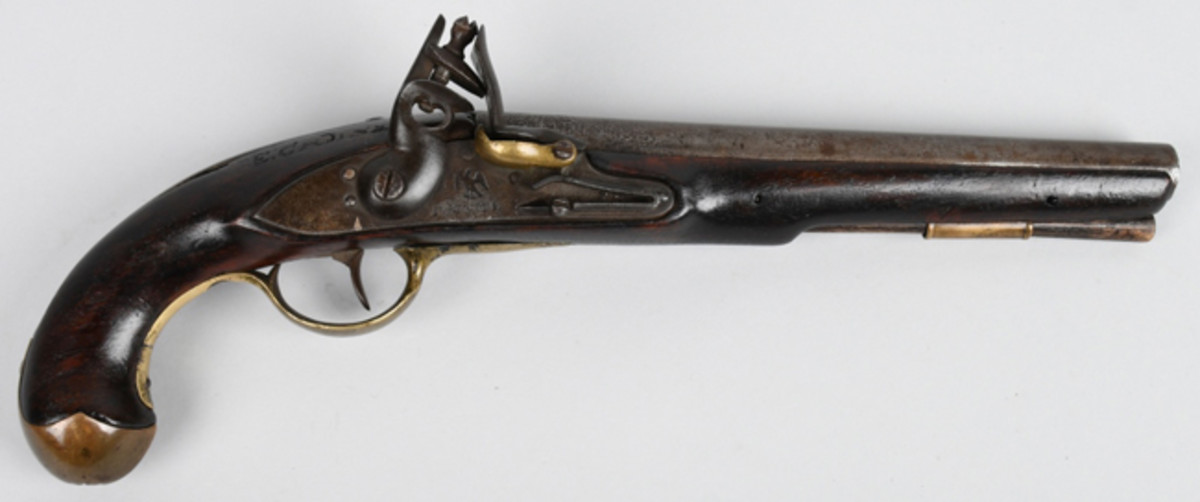  Simeon North (Middletown, Conn.) Model 1808 flintlock naval pistol, one of only 3,000 made, 10-inch barrel in .64 smoothbore. Iron lock stamped ‘U. States’ with early eagle image.