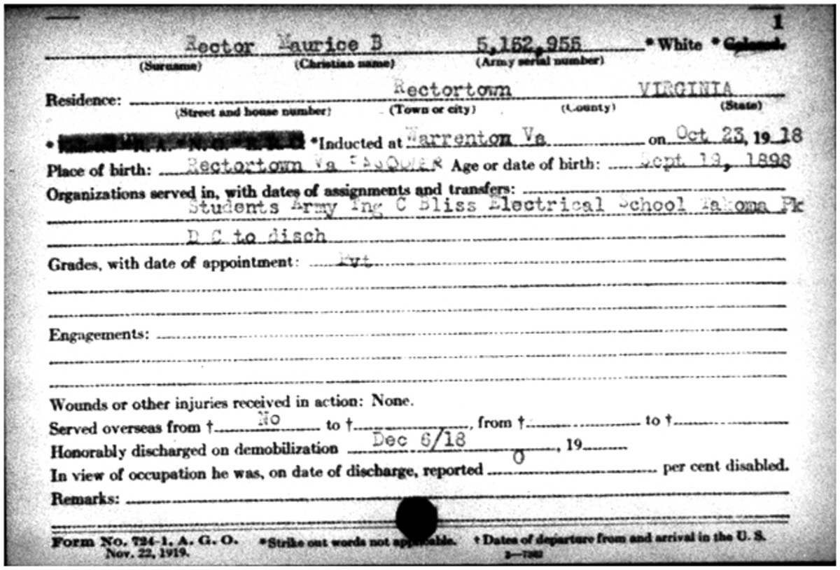  The Adjutant General’s Office Form 724, War Service Record, for Maurice Rector. He was inducted into the Army in October 1918 and immediately sent to an electrical engineer school as part of the Student Army Training Corps (SATC). Courtesy Virginia Army National Guard.
