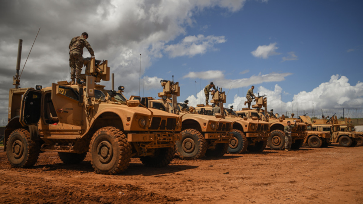 U.S. Soldiers deployed in support of Combined Joint Task Force - Horn of Africa prepare Oshkosh Defense mine-resistant, ambush-protected (MRAP) All-Terrain Vehicle (MAT-V) for security patrols in East Africa, May 29, 2019. (U.S. Air Force Photo by Staff Sgt. Corban D. Lundborg