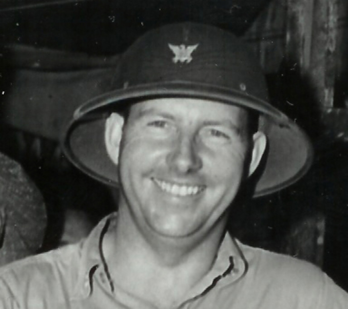 A 1945 dated photo shows a U.S. Navy officer wearing the pressed fiber sun helmet in the Philippines.