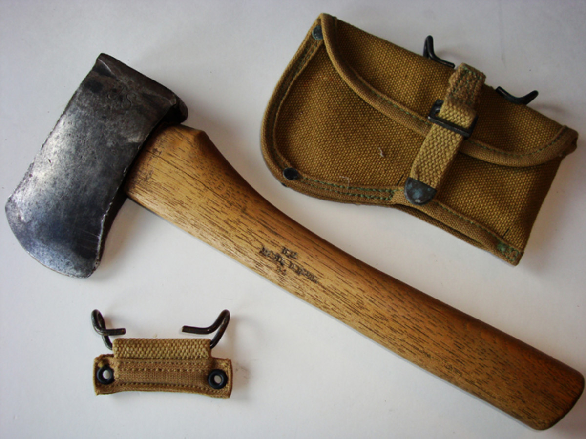This axe shown is  correctly reduced in size to 12 inches and marked on the handle “U.S. Med. Dept.” In the lower left is the extension hanger used in  conjunction with the canteen to keep it from damaging the belt and contents.