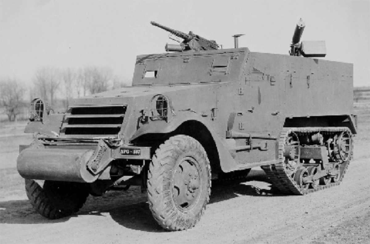 This April 9, 1941, photograph shows the pilot M2 during testing at Aberdeen Proving Ground. Notice the Firestone tread pattern tires on the front axle. Photographic evidence suggests that only the initial production vehicles had this tread pattern, which was soon supplanted by the chevron tread pattern tires, which in turn were replaced by non-directional tread pattern tires.
