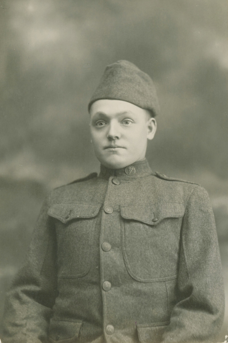 Private James F. Callahan, Co. F, 17th Evacuation Hospital, Siberian Expeditionary Force posed wearing his 1907 pattern cap backwards as was often suggested by photographers.