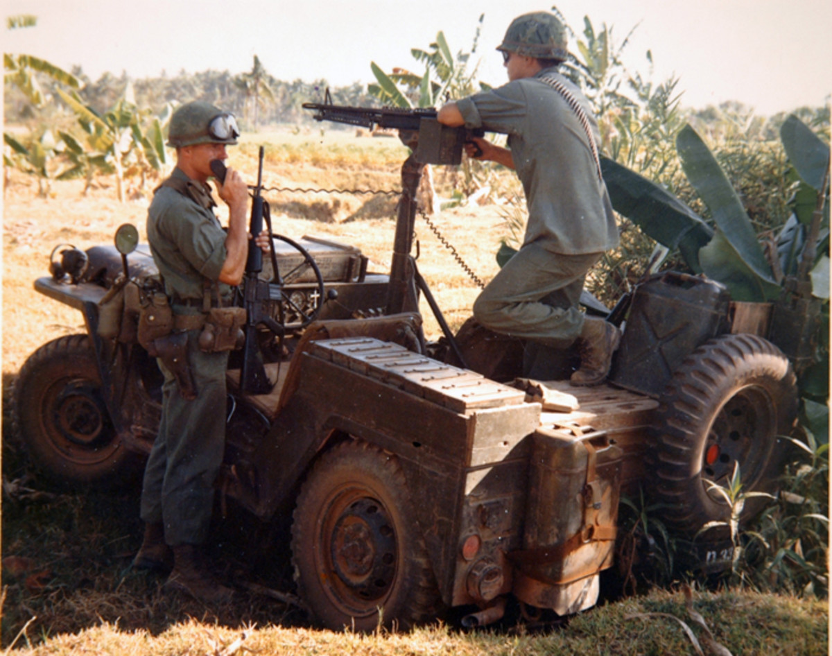 he crew of a 106mm-armed M151A1C drills at Fort Ord in 1970. Notice the stowage arrangement for the 106mm rounds at the rear of the vehicle, and the radio set mounted on the right rear fender.