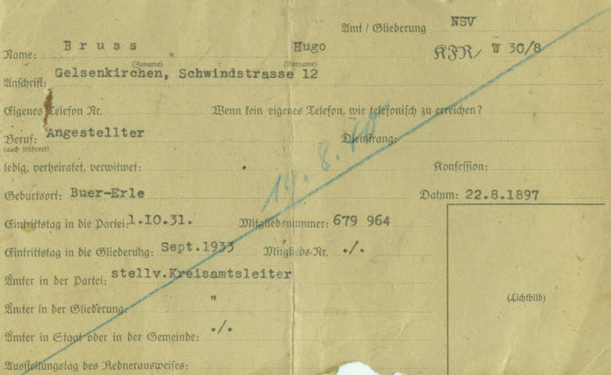 Gelsenkirchen Nazi Party District Administration Propaganda Office File Card for the District Spokesman’s ID Card issued to Hugo Bruss (Obverse)