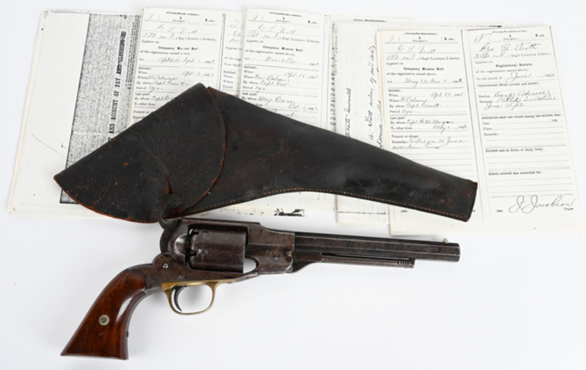 Fine Confederate 1st Model Remington Beals Navy revolver, .36 percussion, made only in 1861-62, carried by Lt. George Trott to Battle of Seven Pines where he died on June 25, 1862. Stamped ‘G. Trott’ on butt end of both grips.
