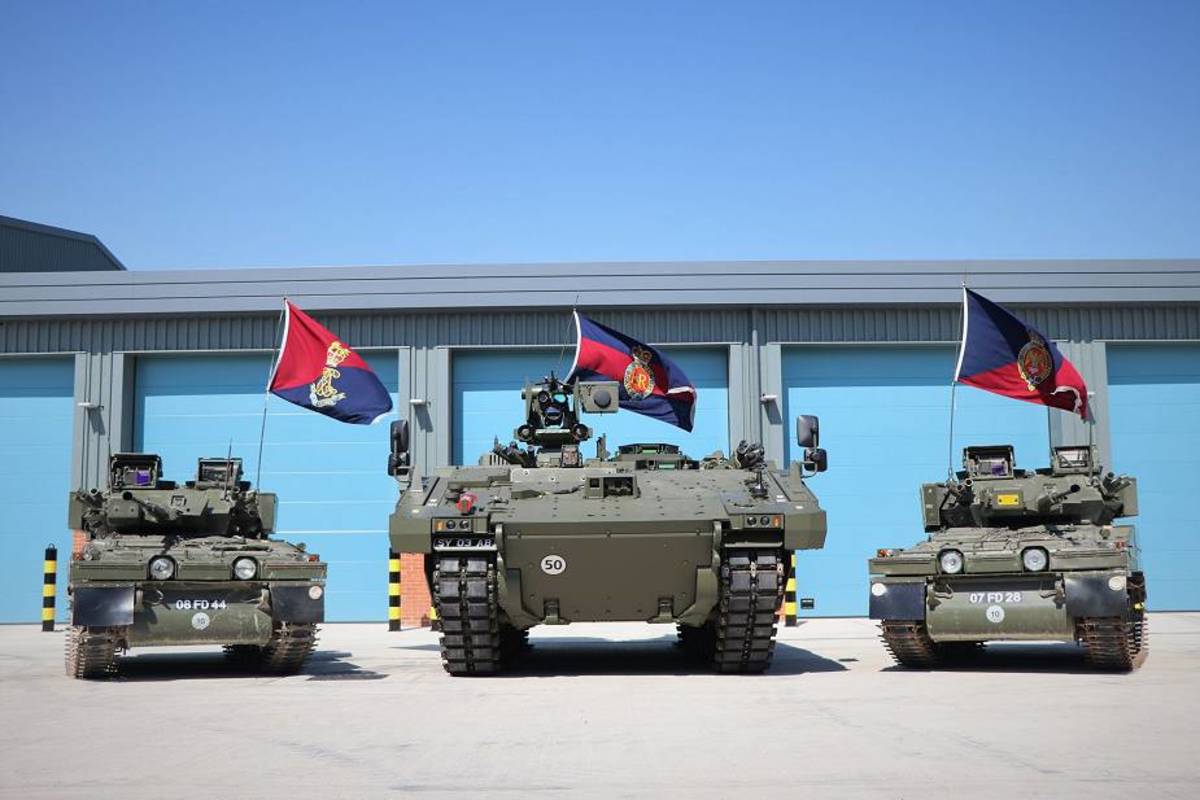 The Ajax ARES new tracked armored reconnaissance vehicle (in the center) will replace the old CVRT Scimitar light reconnaissance armored vehicle in service with the British army.
