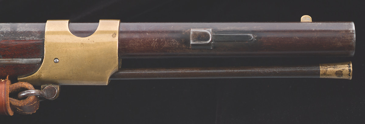The Armory brazed a bayonet lug with a 1” guide key on the right side of each barrel to accept this new bayonet.