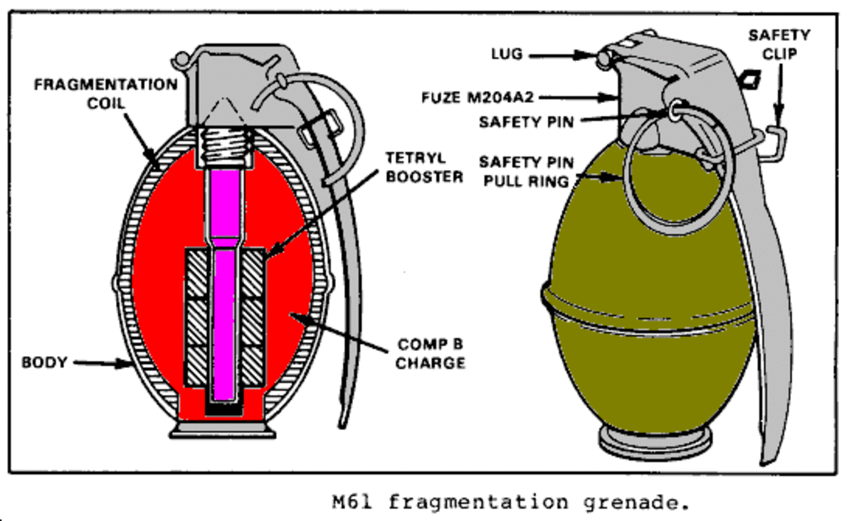 Drawing showing the internal and external components of the M61 grenade.