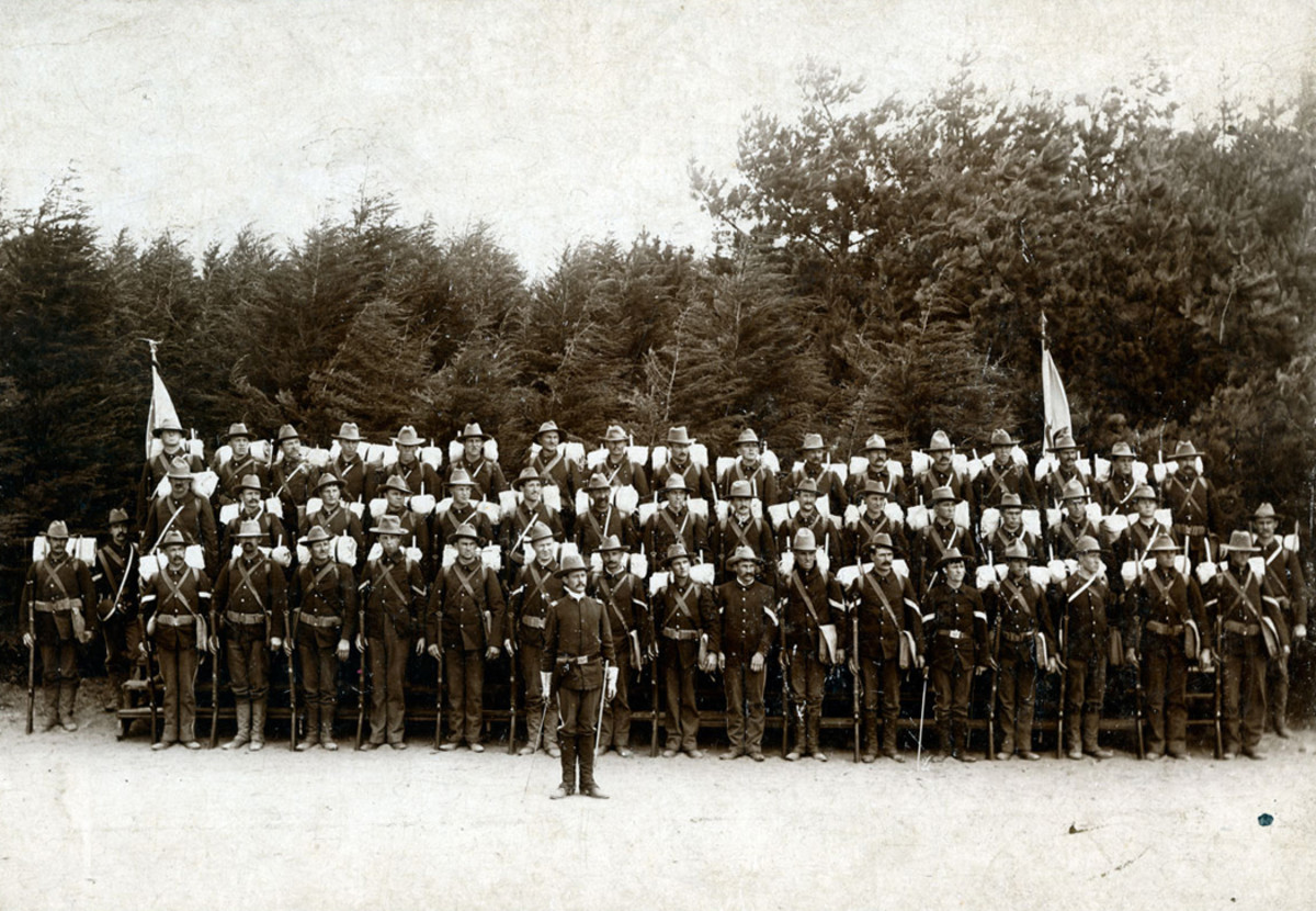 Soldiers of Company A, First North Dakota Volunteers posed fort his formal portrait during their war service. Company A was one of eight companies accepted from North Dakota for service in the war against Spain. Among the regiment’s 27 officer’s and 658 enlisted men were George Gregory and Bart Bartlett — the original owners of the headgear that are now “favorite finds.”