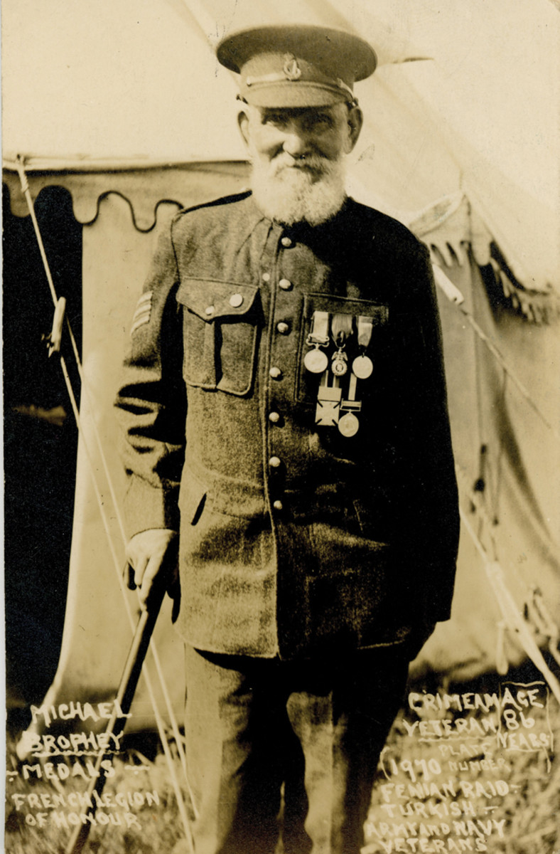 Michael Brophy, a Crimean War veteran, photographed ca. 1914. Brophey was a hero at Sevastopol. Indeed, a quick google search shows he was a bit of a marksman and trench raider in 1855/56 and received the French Medal Militaire as a Lance Corporal. He is seen hear wearing his Crimea Medal, French Military Medal and Sardinian, 62nd (Wiltshire) Regiment of Foot. Regimental medal, and Canadian General Service medal.