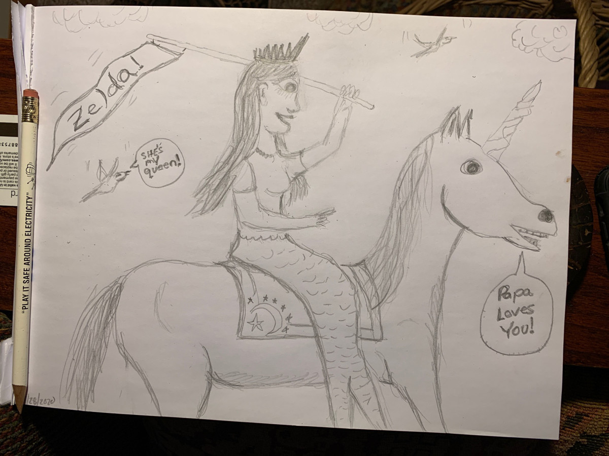 Rather than discouraging my granddaughter when she asked me to draw her a picture of a "Mermaid riding a Unicorn," I swallowed my Angst...and encourage her passion.  I am not much of an artist, but I think she loves it (pretty cool saddle blanket, though!)